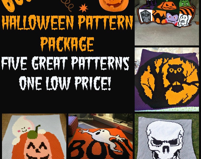 Featured listing image: Set of 5 Halloween Afghan Patterns C2C Crochet Pattern, Written Row by Row, Color Counts, Instant Download, C2C Graph, C2C Pattern