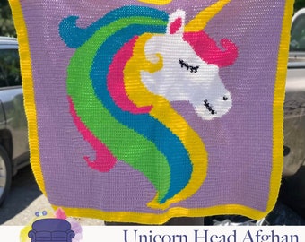Unicorn Head Kids Afghan SC / TSS Crochet Pattern, Written Row Counts for single crochet and tunisian simple stitch