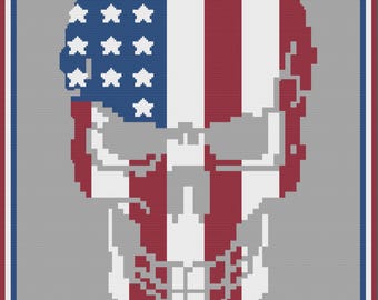 Skull Stars and Stripes Afghan,  SC or TSS Crochet Pattern