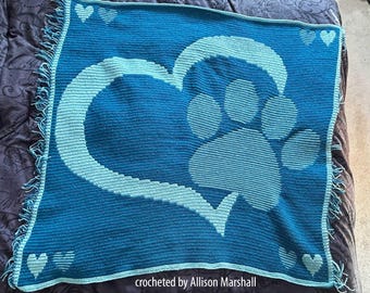 Paw in Heart Mosaic Crochet Afghan Pattern: Graph & Written Instructions (PDF Download)