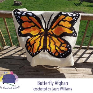 Butterfly Monarch Afghan, SC or TSS Crochet Pattern, Graph and Written Row by Row Included