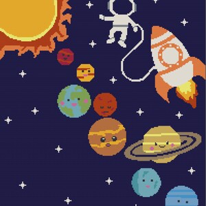 May include: A cartoon astronaut in a white spacesuit floats in space with a rocket, holding a rope attached to the rocket. The astronaut is surrounded by planets with cute faces, including a yellow sun, a red planet, a green planet, a brown planet with rings, a blue planet, and a blue and white striped planet.