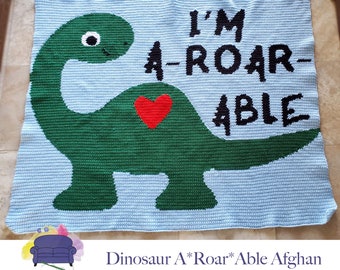 Dinosaur A-Roar-Able Kids Afghan SC / TSS Crochet Pattern, Written Row Counts for single crochet and tunisian simple stitch