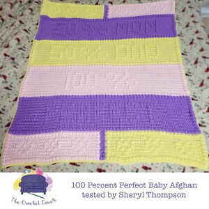 Image of 100 Percent Perfect Baby Afghan, Bobble Stitch Crochet Pattern done in colors of purple, lavender and yellow.  Crocheted by Sheryl Thompson