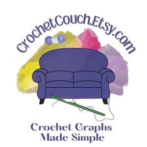 a purple couch with a crocheted blanket and a crochet hook, accompanied by the text "CrochetGraphsMadeSimple" and "CrochetGraphsMadeSimple.com".