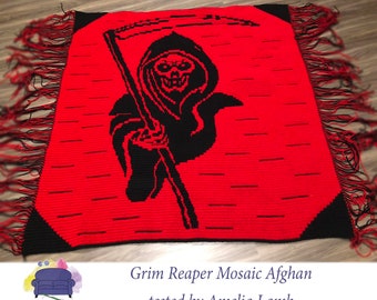 Grim Reaper Afghan, Mosaic Crochet Pattern, Written Row by Row,  Instant Download, Overlay Mosaic,  Crochet Pattern, Crochet Couch