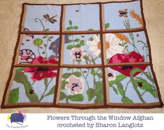 Flowers Through the Window Afghan SC / TSS Crochet Pattern, Written Row Counts for single crochet and tunisian simple stitch