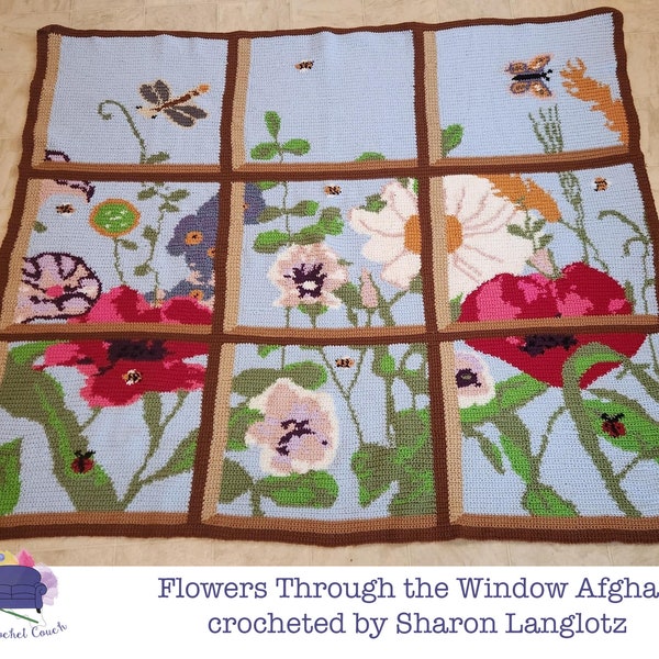 Flowers Through the Window Afghan SC / TSS Crochet Pattern, Written Row Counts for single crochet and tunisian simple stitch