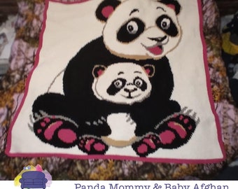 Panda Mommy and Baby Afghan SC / TSS Crochet Pattern, Written Row Counts for single crochet and tunisian simple stitch