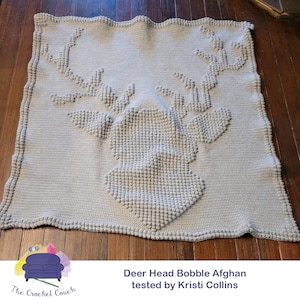 Deer Head Afghan Bobble Stitch Crochet Pattern, Written Row by Row, Color Counts, Instant Download, Graphgan Pattern