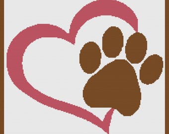 Paw in Heart Afghan SC / TSS Crochet Pattern, Written Row Counts, sc tss Graphs, Crochet Pattern