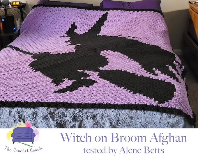 Featured listing image: Witch on Broom Afghan C2C Crochet Pattern, Written Row by Row, Color Counts, Instant Download, C2C Graph, C2C Pattern, C2C Crochet