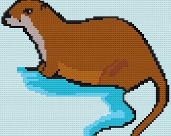Otter White Silhouette C2C Crochet Pattern Corner to Corner Twin Size Blanket Afghan Graphghan Black Background River Sea Ocean Aquatic MC2C