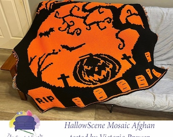HallowScene Afghan, Overlay Mosaic Crochet Pattern, Graph and Written Row by Row Included