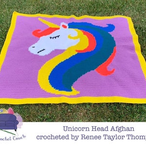 Unicorn Head Kids Afghan SC / TSS Crochet Pattern, Written Row Counts for single crochet and tunisian simple stitch