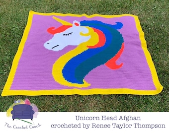 Unicorn Head Kids Afghan SC / TSS Crochet Pattern, Written Row Counts for single crochet and tunisian simple stitch