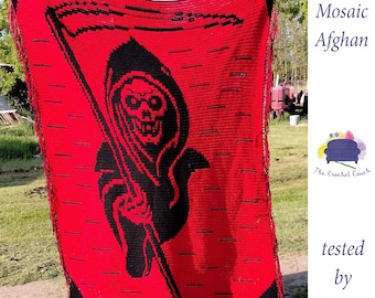 Grim Reaper Afghan Mosaic Crochet Pattern, Written Row by Row,  Instant Download, Overlay Mosaic,  Crochet Pattern, Crochet Couch