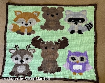 Woodland Animals Crochet Afghan Pattern, SC or TSS, Baby Blanket (PDF Pattern)