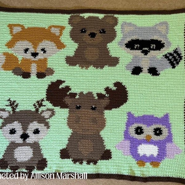 Woodland Animals Crochet Afghan Pattern, SC or TSS, Baby Blanket (PDF Pattern)