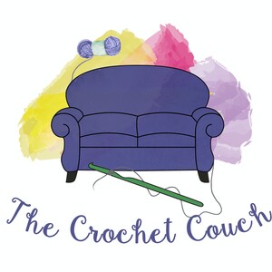 May include: A purple couch with a crochet hook and yarn ball on a watercolor background. The text "The Crochet Couch" is below the couch.