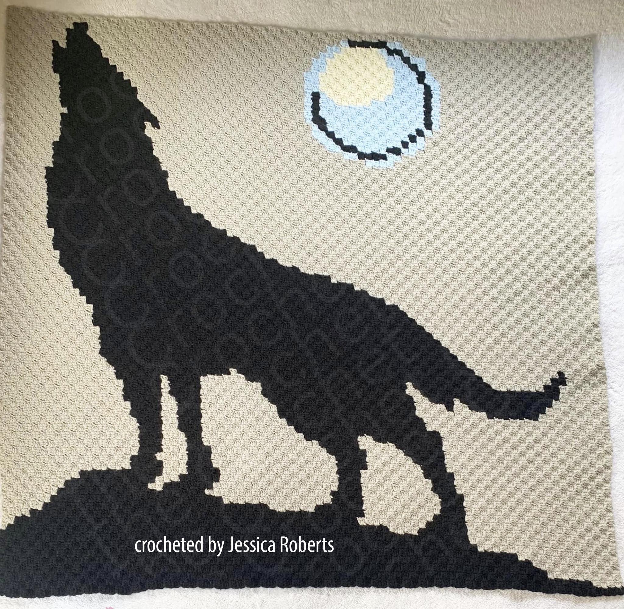 38 Wolf Crochet Patterns to Stitch for Woodland Decor, Gifts, and Amigurumi Displays 17 Wolf Howling at Moon Afghan: C2C Crochet