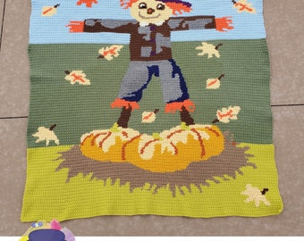 Scarecrow in Pumpkin Field Afghan SC / TSS Crochet Pattern, Written Row Counts for single crochet and tunisian simple stitch