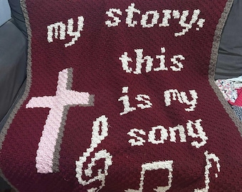 This Is My Story Song Afghan, Faith-Based Christian Blanket with Musical Notes and Cross Design,  Graph and Written row by row pattern