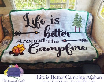 Life is Better Camping Afghan SC / TSS Crochet Pattern, Written Row Counts for single crochet and tunisian simple stitch