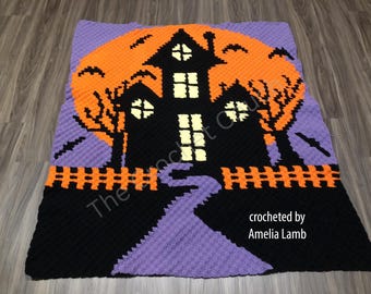 Haunted House Afghan, C2C Crochet Pattern, Graph and Written Row by Row Included