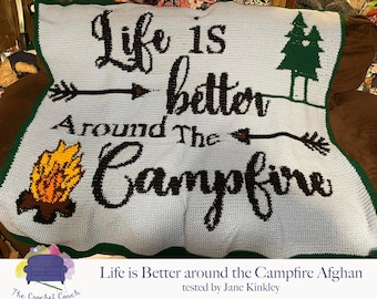 Life is Better Camping Afghan SC / TSS Crochet Pattern, Written Row Counts for single crochet and tunisian simple stitch