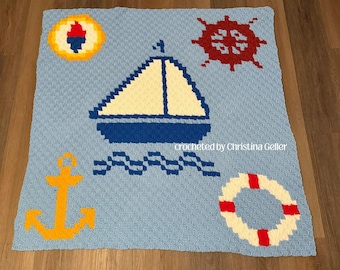 Ahoy Little One Nautical Baby Afghan C2C Crochet Pattern, Graph and Written Row by Row Included