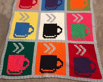 Coffee Cups Afghan C2C Crochet Pattern, Written Row Counts, C2C Graphs, Corner to Corner Crochet Pattern, C2C Graph