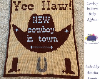 New Cowboy in Town Baby Afghan SC / TSS Crochet Pattern, Written Row Counts for single crochet and tunisian simple stitch