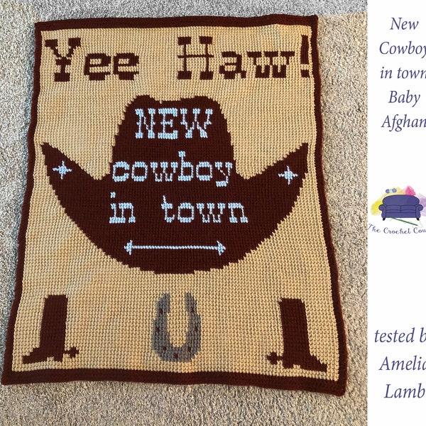 New Cowboy in Town Baby Afghan SC / TSS Crochet Pattern, Written Row Counts for single crochet and tunisian simple stitch