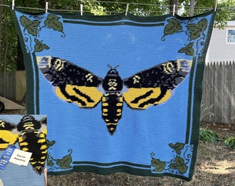 Death Head Moth Afghan SC / TSS Crochet Pattern, Written Row Counts for single crochet and tunisian simple stitch
