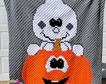 Silly Pumpkin Ghost Afghan, C2C Crochet Pattern