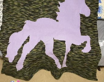 Stallion Silhouette Afghan SC / TSS Crochet Pattern, Written Row Counts for single crochet and tunisian simple stitch