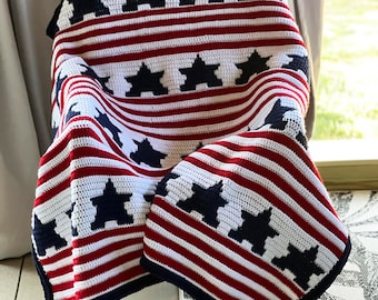 Stars and Stripes Afghan Mosaic Crochet Pattern, Written Row by Row,  Instant Download, Overlay Mosaic,  Crochet Pattern, Crochet Couch