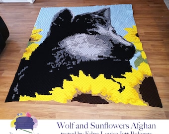 Wolf and Sunflowers Afghan, C2C Crochet Pattern, Written Row by Row, Color Counts, Instant Download, C2C Graph, C2C Pattern, C2C