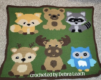 Woodland Animals Crochet Afghan Pattern, SC or TSS, Baby Blanket (PDF Pattern)