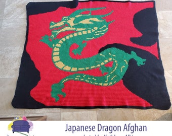 Japanese Dragon Afghan SC or TSS Crochet Pattern, Written Row Counts for single crochet and tunisian simple stitch