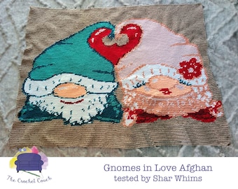 Gnomes in Love Afghan SC / TSS Crochet Pattern, Written Row Counts for single crochet and tunisian simple stitch