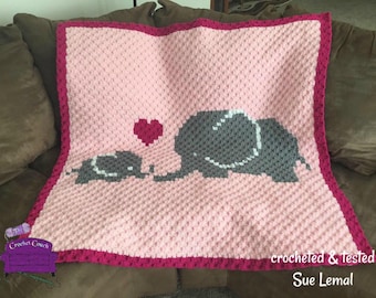 Elephant Mommy and Baby Afghan C2C Crochet Pattern, Graph and Written Row by Row Included