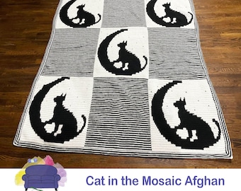Cat Mosaic Afghan, Overlay Mosaic Crochet Pattern, Graph and Written Row by Row Included