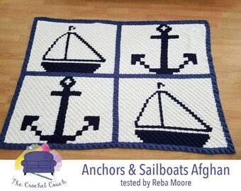 Anchors and Sailboats Small Afghan, C2C Crochet Pattern, Written Row Counts, C2C Graphs, Corner to Corner Crochet Pattern, C2C Graph