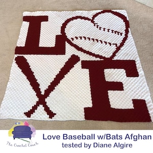 Love Baseball with Bats Afghan C2C Crochet Pattern, Written Row Counts, C2C Graphs, Corner to Corner, Crochet Pattern, C2C Graph