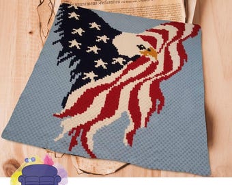 Eagle with Wings of Flag Afghan C2C Crochet Pattern, Graph and Written Row by Row Included