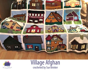 Village Afghan SC / TSS Crochet Pattern, Written Row Counts for single crochet and tunisian simple stitch