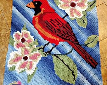 Cardinal on Flower Afghan, C2C Crochet Pattern, Graph and Written Row by Row Included