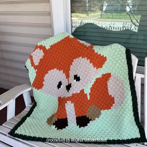 May include: A square crochet blanket featuring a pixelated fox design in orange, white, and dark brown on a light mint green background, finished with a dark green border. The text "crocheted by Regina Nelson Stout" is printed at the bottom.